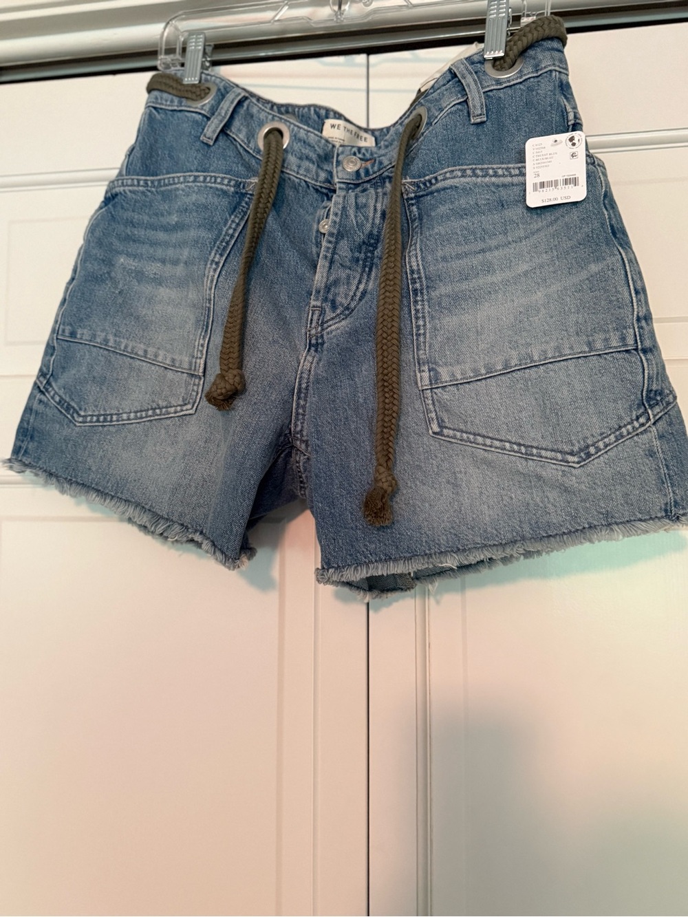 Free People MOXIE Light Blue Denim Jean Shorts with Olive Drawstring - Picture 6 of 8